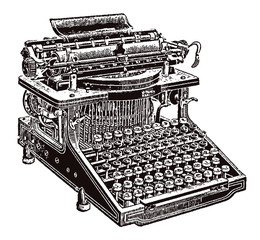 Antique typewriter machine after engraving from the 19th century