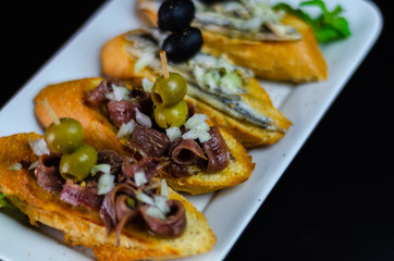 Spanish seafood tapas, mini sandwiches food set,  delicious snack appetizer