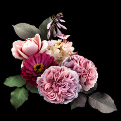 Pink roses, dark red zinnia, hydrangea isolated on black background. Vintage floral arrangement, bouquet of garden flowers. Can be used for invitations, greeting, wedding card.