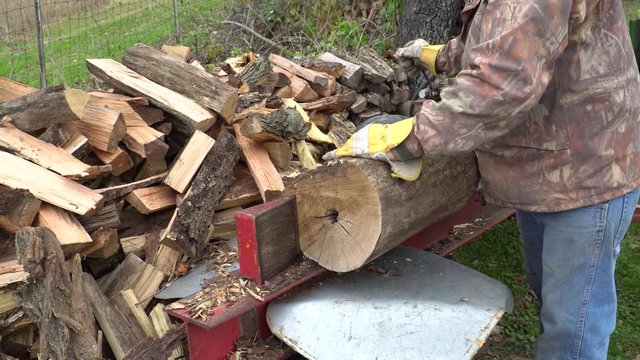 A man using a hydraulic log splitter to make firewood for the winter.