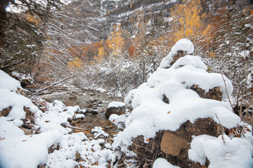 Ordesa National Valley in snowy autumn, located in Pyrenees Spain