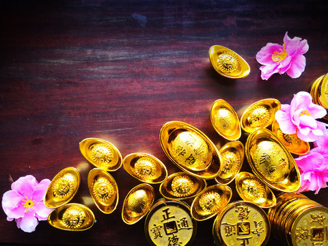 Chinese New Year Flat Lay Series - Traditional Chinese Gold Ingots, Coins