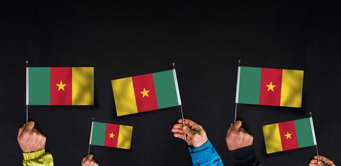 Fototapeta na wymiar Hands holds flags of Cameroon on dark background