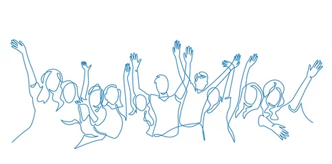 Photo sur Plexiglas Une ligne Illustration de foule joyeuse acclamant. Les mains en l& 39 air. Groupe d& 39 applaudissements de personnes dessin vectoriel continu d& 39 une ligne.