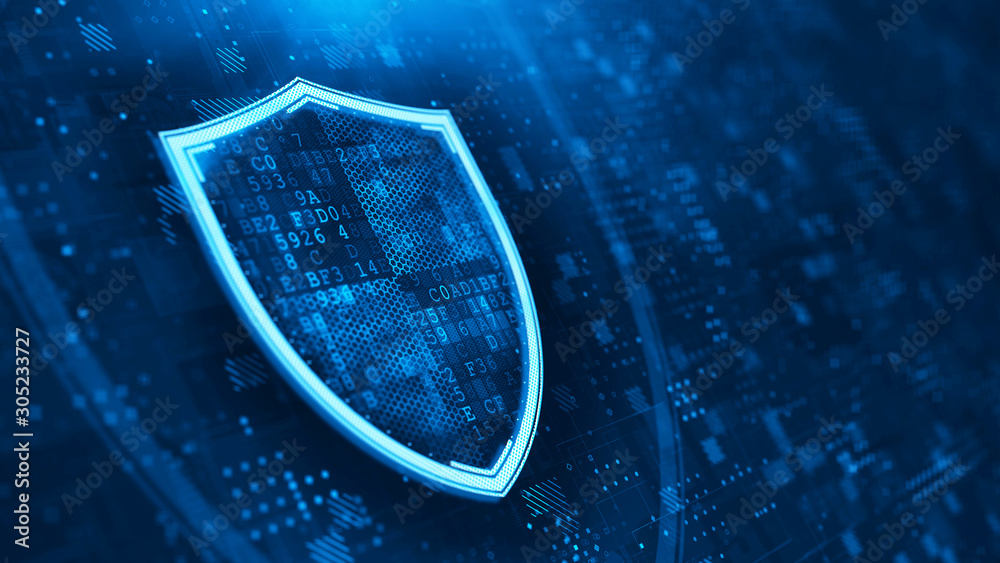 Fototapete shield. abstract wireframe illustration on dark blue. protect and security concept. digital shield o