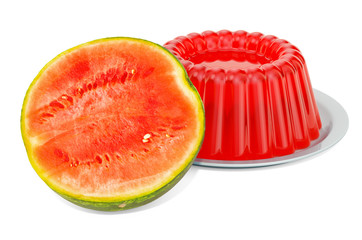 Watermelon Jelly on a plate with watermelon, 3D rendering