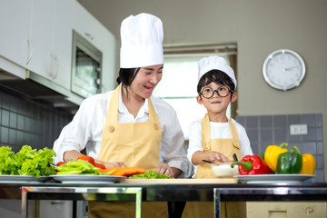 Happy family Asian woman young mother with son boy cooking healthy salad for the first time. first lesson and healthy lifestyle concept.