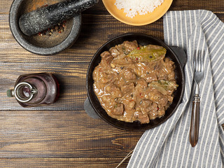 Beef stew with potatoes, carrots and spices (Hungarian goulash). Filipino cuisine-Adobo.