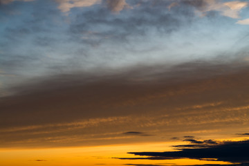 Fantastic dark thunderclouds at sunrise, wide panorama