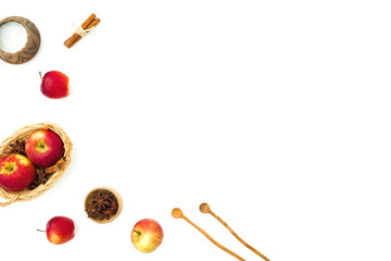 Food composition with apple, sugar, cinnamon and acorns on white background. Flat lay