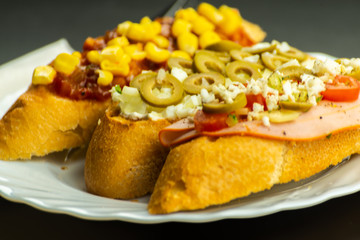 traditional spanish tapas for lunch table, mini sandwiches food set,  delicious snack appetizer