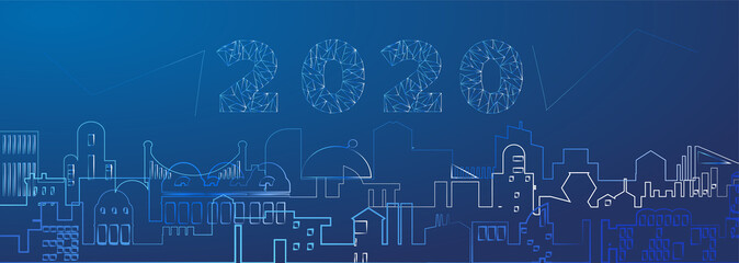Obraz premium 2020 city silhouette landscape urban town. futuristic new year digital cityscape in technology style. vector illustration