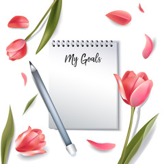 notebook with goals. realistic 3d mockup with copy space for text. elegant flowers on background. realistic fashion banner in romantic woman style. vector illustration