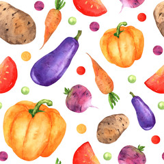 Watercolor seamless pattern with vegetables from the garden. Hand-drawn for design of textiles, fabrics, paper, holidays and any design.