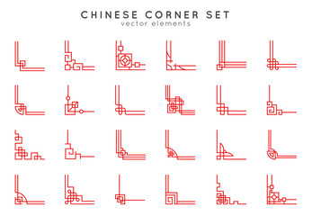 Asian corner set in vintage style on white background. Traditional chinese ornaments for your design. Vector red japanese elements. Artwork graphic, asian culture decoration