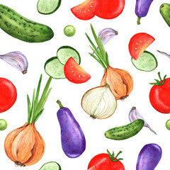 Watercolor seamless pattern with vegetables from the garden. Hand-drawn for design of textiles, fabrics, paper, holidays and any design.