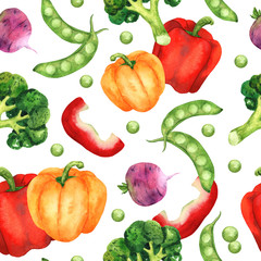 Watercolor seamless pattern with bright vegetables from the garden. Hand-drawn for textiles, fabrics, paper, holidays and any design.