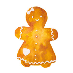 Hand drawn watercolor drawing of Christmas gingerbread girl on white background, isolated