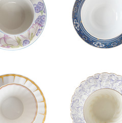 Antique porcelain tableware for tea on a white background with place for your text