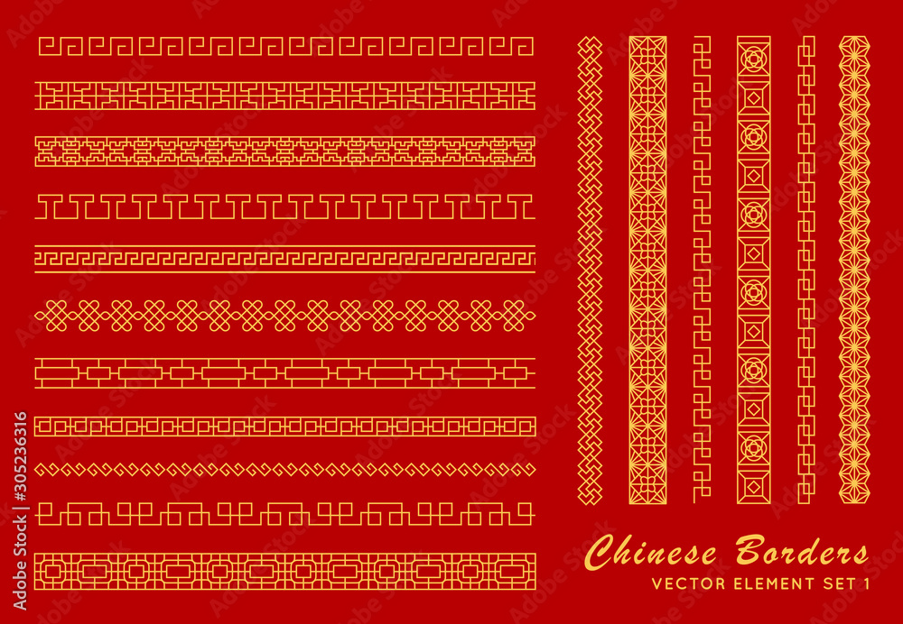 Asian border set in vintage style on red background. Traditional chinese ornaments for your design. Vector golden japanese pattern. Artwork graphic, asian culture decoration