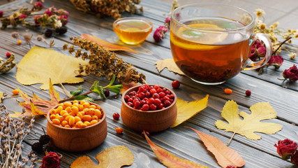 Herbal tea on a beautiful background, ingredients for tea