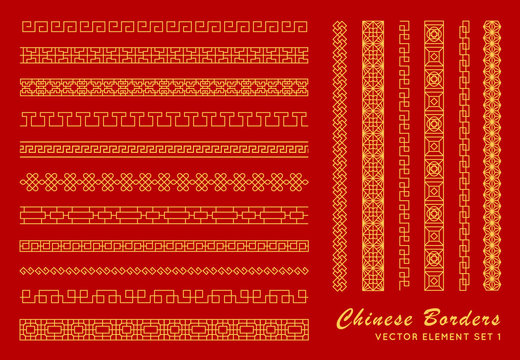 Asian border set in vintage style on red background. Traditional chinese ornaments for your design. Vector golden japanese pattern. Artwork graphic, asian culture decoration