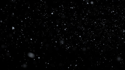 3D Rendering. Realistic Snow Falling On Black Background.