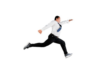 Fototapeta na wymiar Asian businessman leaping forward isolated over white background