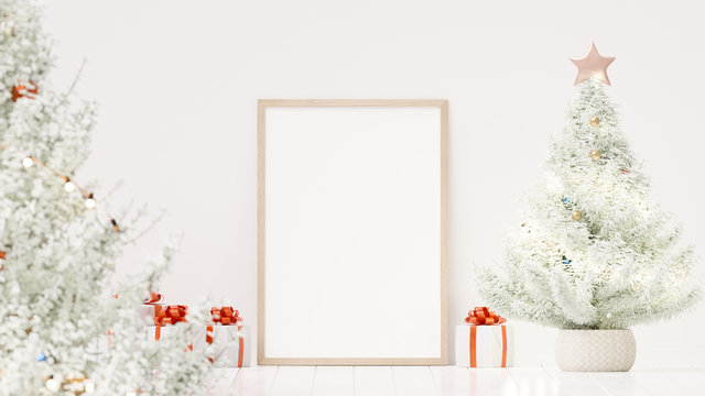 Christmas poster mockup with frame on a white wall background - 3D rendering, illustration.