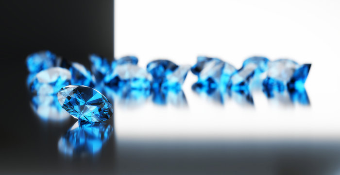 Blue diamonds Gem placed on reflection background 3d Rendering.