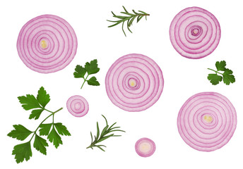 Sliced red onion with rosemary, peppercorns, parsley isolated on white background. Top view.