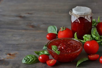 tomato jam or marmalade with basil. unusual jam. Turkish, French or Italian cuisine. copy space