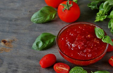 tomato jam or marmalade with basil. unusual jam. Turkish, French or Italian cuisine. copy space