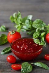 tomato jam or marmalade with basil. unusual jam. Turkish, French or Italian cuisine. copy space