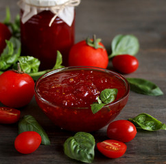 tomato jam or marmalade with basil. unusual jam. Turkish, French or Italian cuisine. copy space