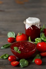 tomato jam or marmalade with basil. unusual jam. Turkish, French or Italian cuisine. copy space