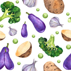 Watercolor seamless pattern with bright vegetables from the garden. Hand-drawn for textiles, fabrics, paper decor, holidays and any design.
