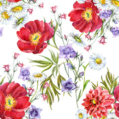 Set of colorful meadow flowers. Watercolor seamless pattern on white background.