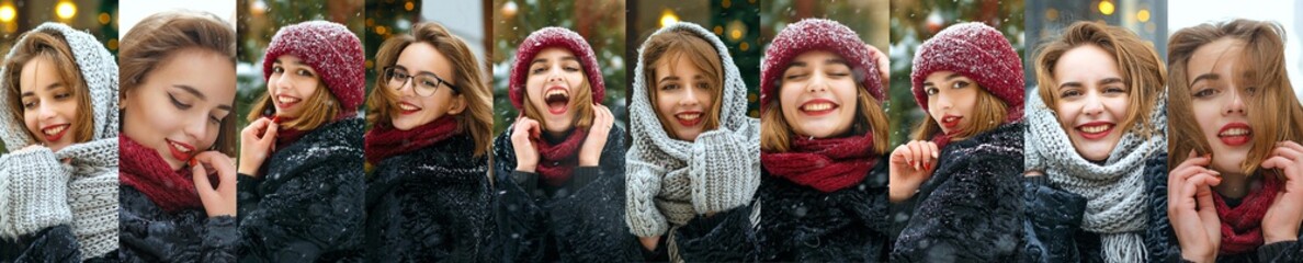 Kit of images with adorable girl walking in winter
