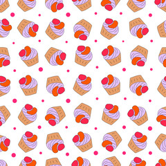 Different cakes on white background seamless pattern.