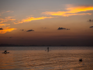 Silhouettes of people on sup boards in the rays of the setting sun against a background of clouds. Koh Phangan. Thailand.