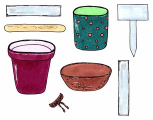 Set of different pots for flowers and plants. Plates for the signature of plants. Isolated on white background. Marker hand drawn sketch.