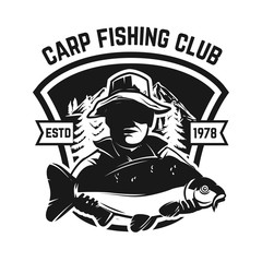 Fishing camp. Emblem template with carp fish. Design element for logo, label, sign, poster. Vector illustration