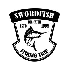 Fototapeta premium Swordfish. Fishing trip. Emblem template with marlin. Design element for logo, label, sign, poster. Vector illustration