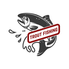 Trout fishing. Emblem template with trout fish. Design element for logo, label, sign, poster. Vector illustration