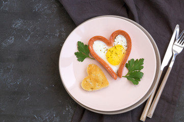 Valentine's day Breakfast is scrambled eggs with heart-shaped bread. The view from the top