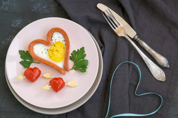 Valentine's day Breakfast is scrambled eggs with heart-shaped bread. The view from the top