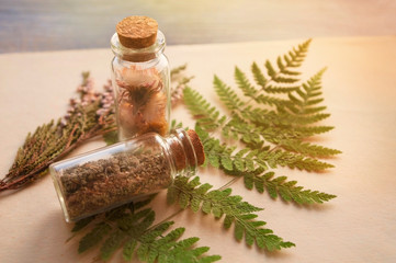 Useful medicinal herbs in glass bottles.