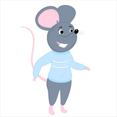 Gray cartoon mouse in a blue sweater. Rat is a symbol of Chinese New Year 2020.