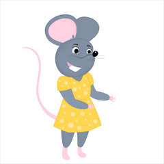 Gray cartoon mouse in a yellow dress. Rat is a symbol of Chinese New Year 2020.